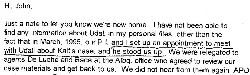 Email quote from Lois Duncan, mother of gangster-slain Kaitlyn Arquette, who New Mexico Attorney General Tom Udall stood up.